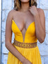 A Line Yellow V Neck Chiffon Beadings Prom Dress with Split LBQ3000